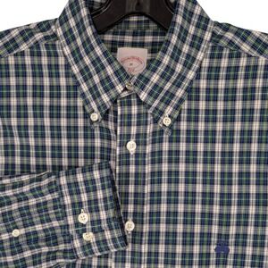 Brooks Brothers 346 Mens M Regular Fit Plaid Button Down Shirt Blue Green Tartan